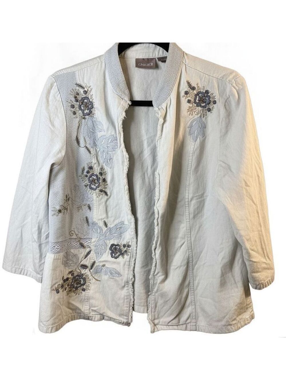 Chico’s Embroidered Floral Cotton Jacket Size 2 L Fringe Boho Art to Wear
